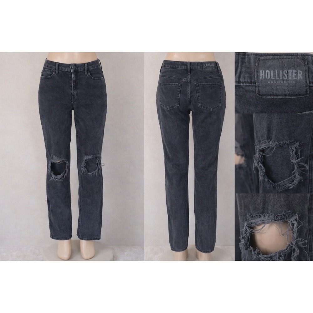 Hollister High Rise Straight Leg Distressed Ripped Jeans Faded Black Women 22x29